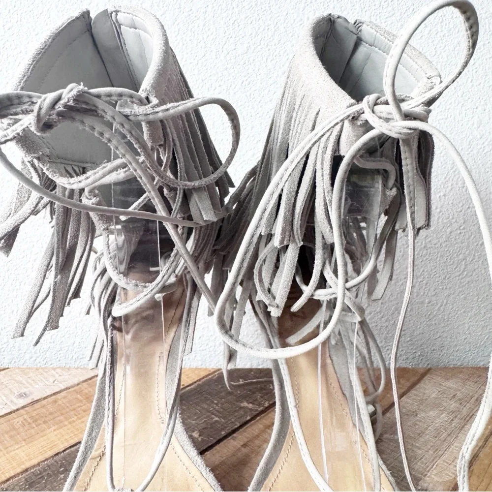 Shultz kagi Fringed Gray/Beige Lace Up Heels - Picture 9 of 16